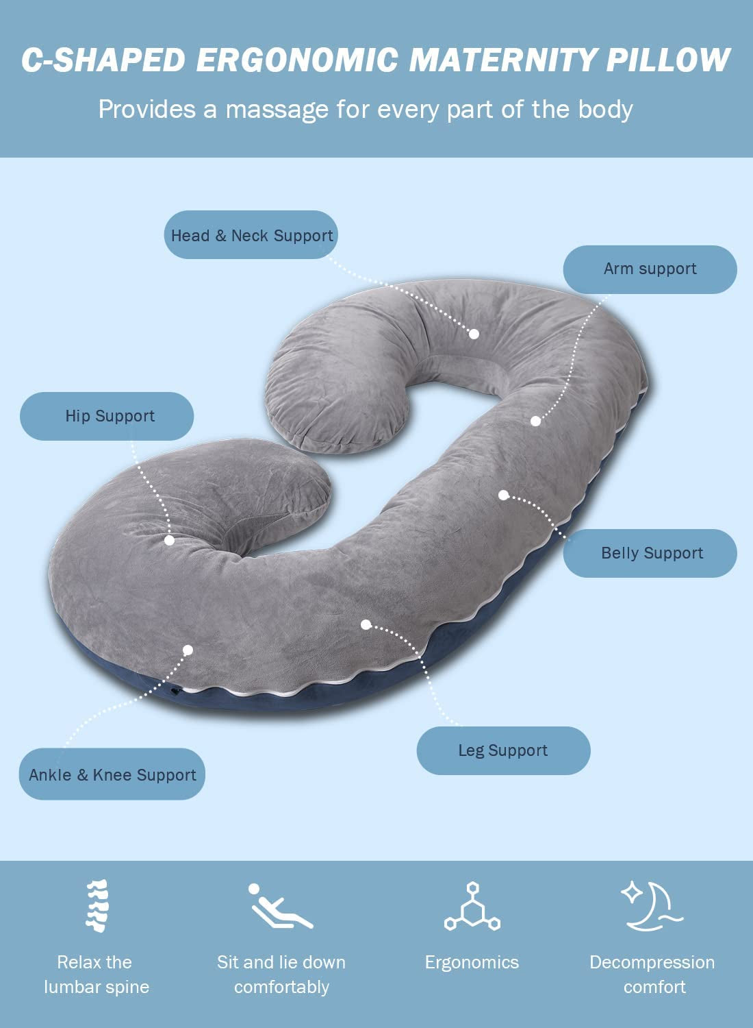 Pregnancy Pillow,Maternity Body Pillow with Velvet Cover,C Shaped Body Pillow for Sleeping (Blue&Grey)