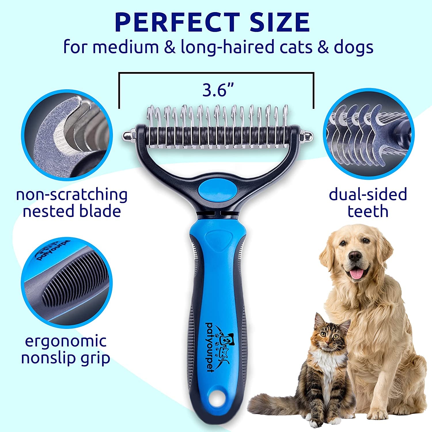 Deshedding Brush - Double-Sided Undercoat Rake for Dogs & Cats - Shedding Comb and Dematting Tool for Grooming, Extra Wide